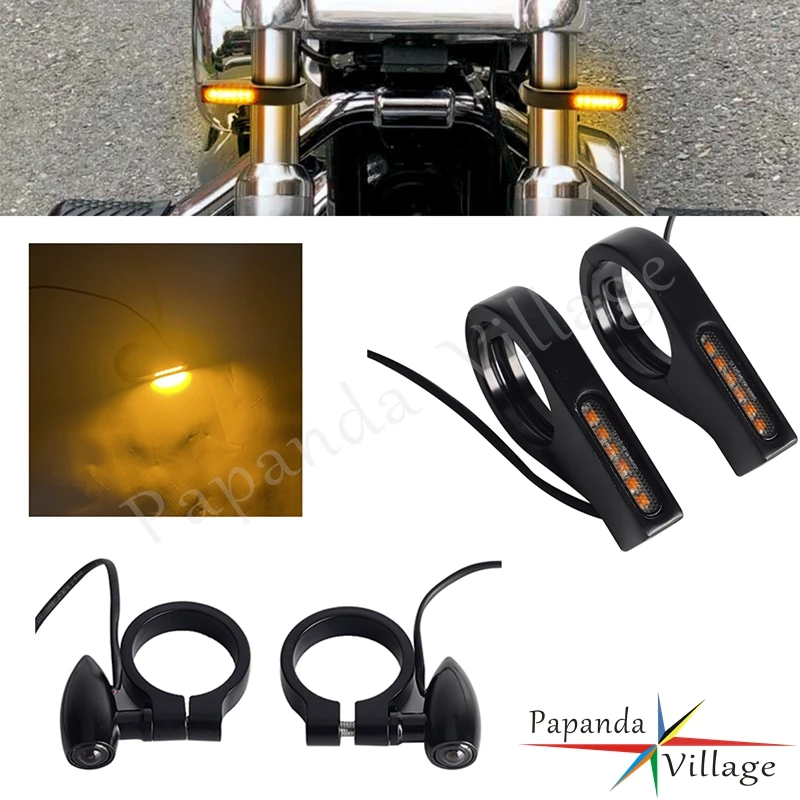 

For Harley Chopper Bobber Custom Cafe Racer Motorcycle 41mm Front Rear Fork Clamp LED Turn Signal Lignt Blinker Amber Flashing