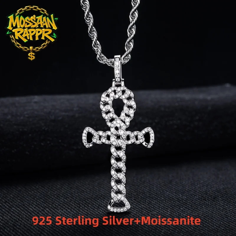 

MossanRappr D Color VVS1 Moissanite Classic Cross Pendant Punk Hip Hop Necklace for Men 925 Sterling Silver Street Style Jewelry