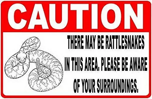 Caution There May Be Rattlesnakes in Area Sign Novelty Vintage Outdoor Yard Signs Safety Warning Sign Tin Plate Plaque 8x12 Inch