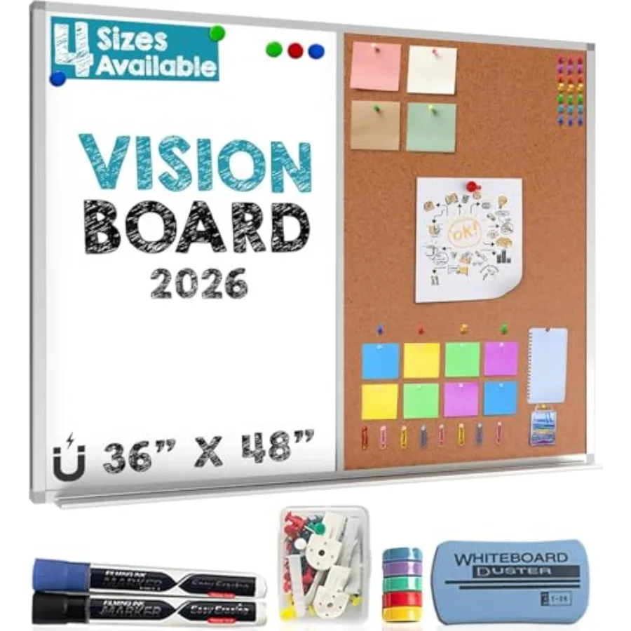 

White Board and Cork Board Combo 36x48 Vision Board for 2026 - Half Bulletin Corkboard with Dry Erase Whiteboard Combination fo