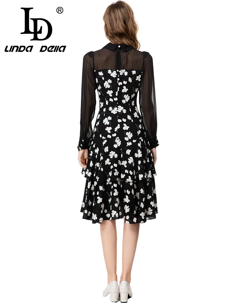LD LINDA DELL ชุดเดรสผ้าชีฟองคอวีแขนยาว ผ้าบางเบา ใส่ทำงาน ใส่ลำลอง ใส่ไปงานปาร์ตี้ เอวสูง แฟชั่นทันสมัย