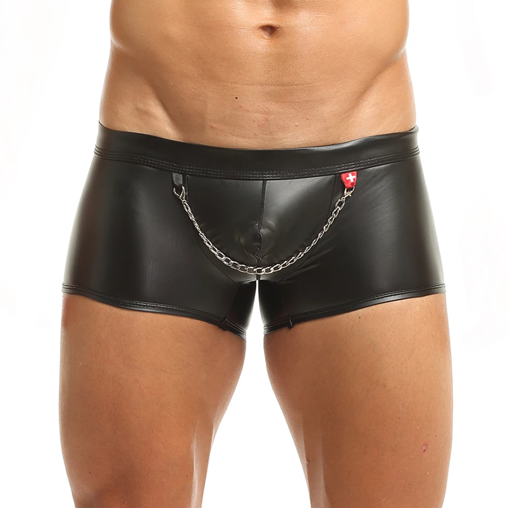 Underwear Men New Sexy Faux Leather Boxer Gay Slip Panties Fashion Male Chain Shorts Low Waist Penis Pouch Black Underpants 2022