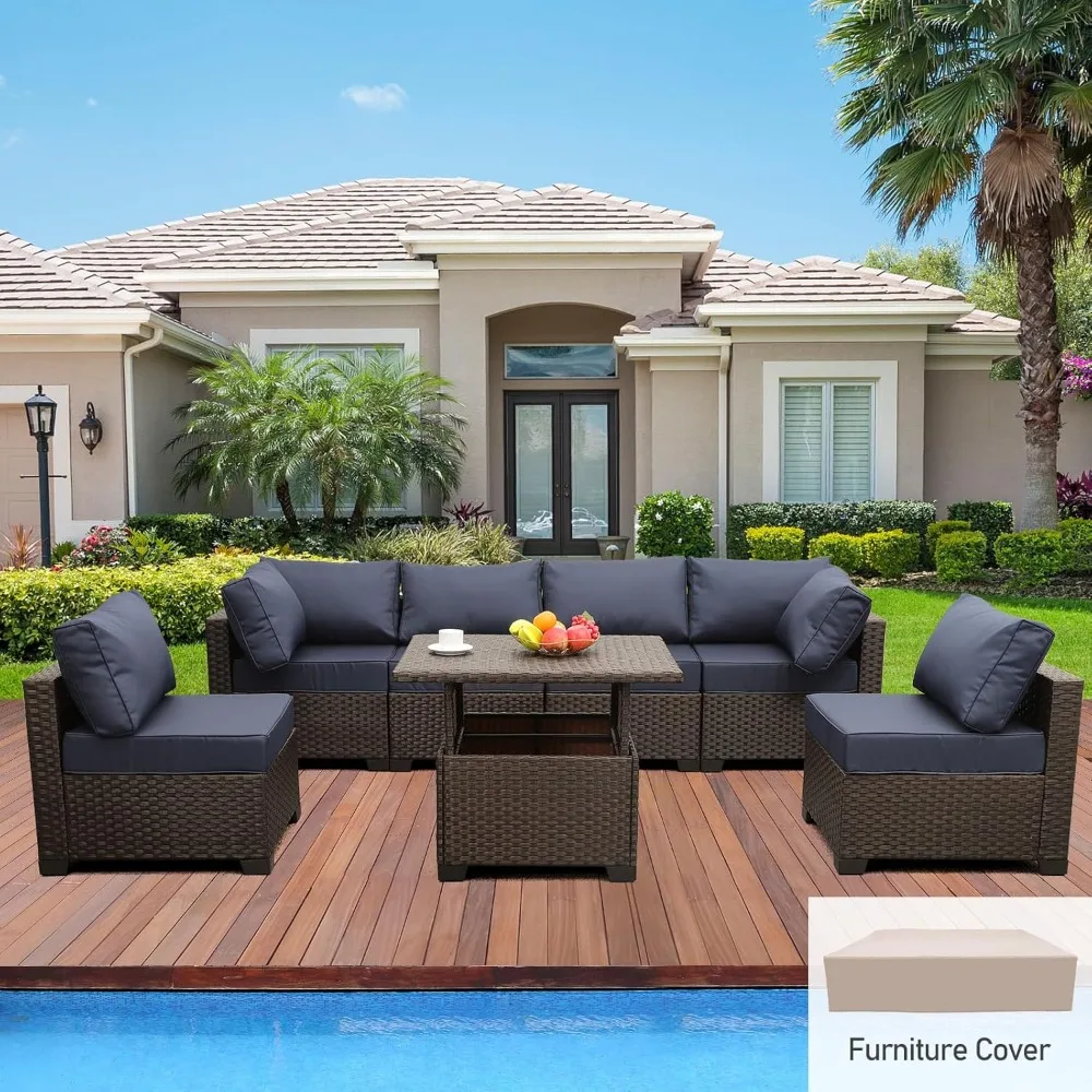 7-Piece Outdoor Wicker Furniture Conversation Set, Rattan Patio Sofa, Adjustable Storage Table, Thickened Non-Slip Cushions