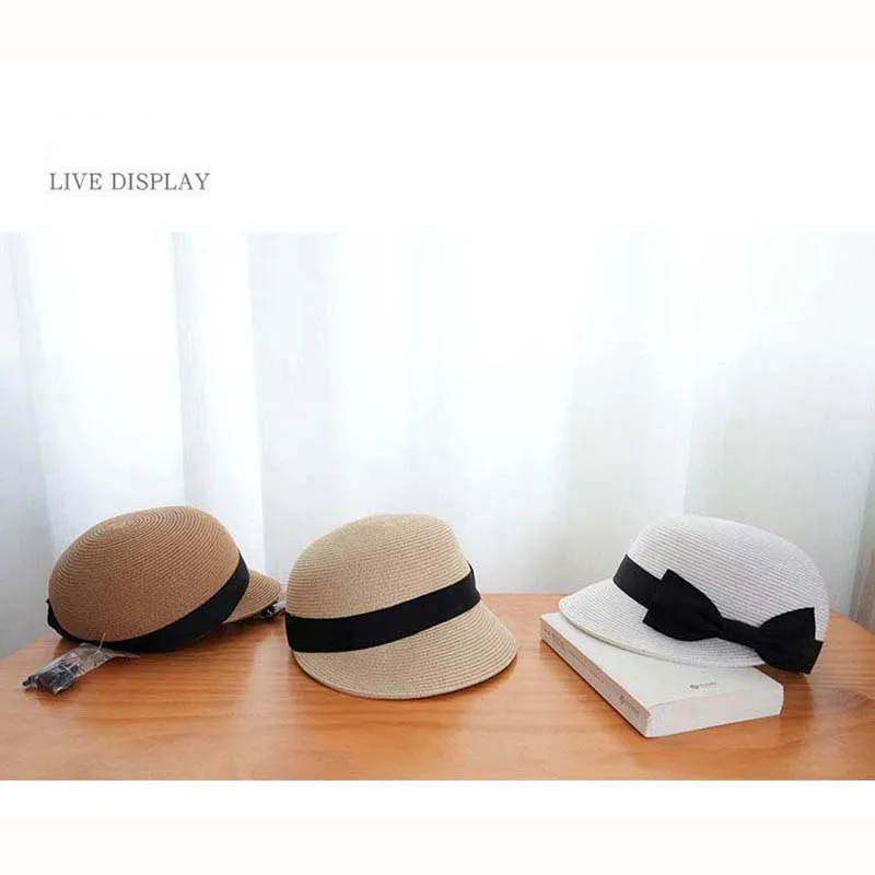 New Arrived Summer High Quality Straw Riding Hat French Style Bow Dome Sun Hat Outdoor Beach Wide Brim Sunshade Bucket Cap