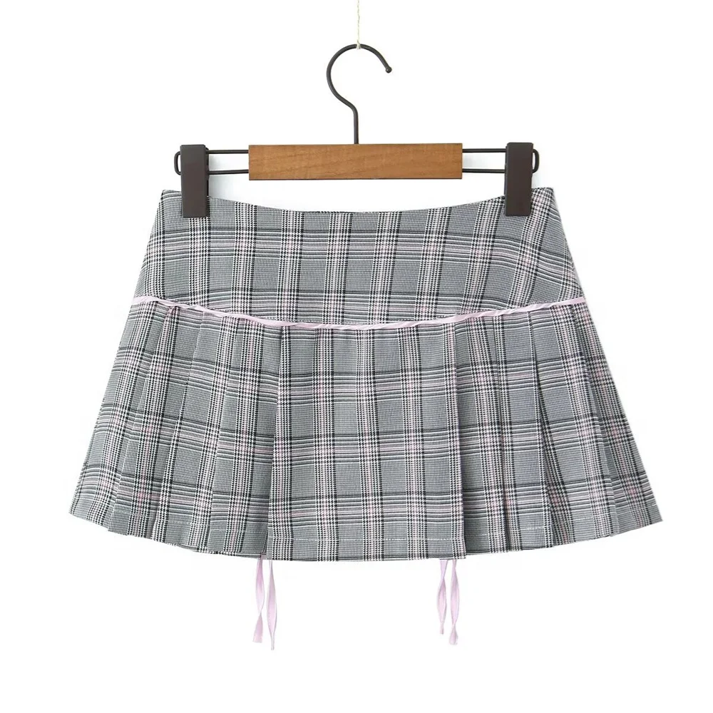 Taop&Za 2024 Spring New Product Women\'s Fashion, Casual, Sexy, Versatile, Slim Fit, Bow Tie, Checkered, and Pleated Short Skirt