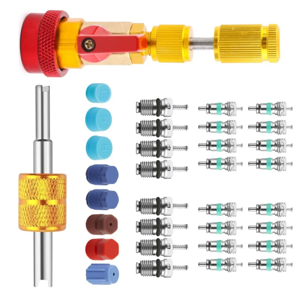 34Pcs AC For Service Kit Valve Core Removal Tool With 16 Color Coded Sealing Covers For Automotive Repair Maintenance