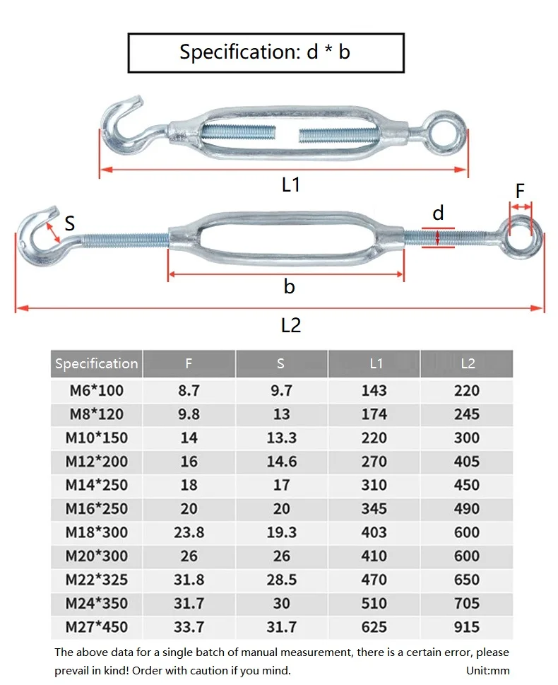 M6-m30 Zinc Plated Carbon Steel Hook And Eye Turnbuckle Rope Cable Tension Adjustable Garden Wire Tensioner