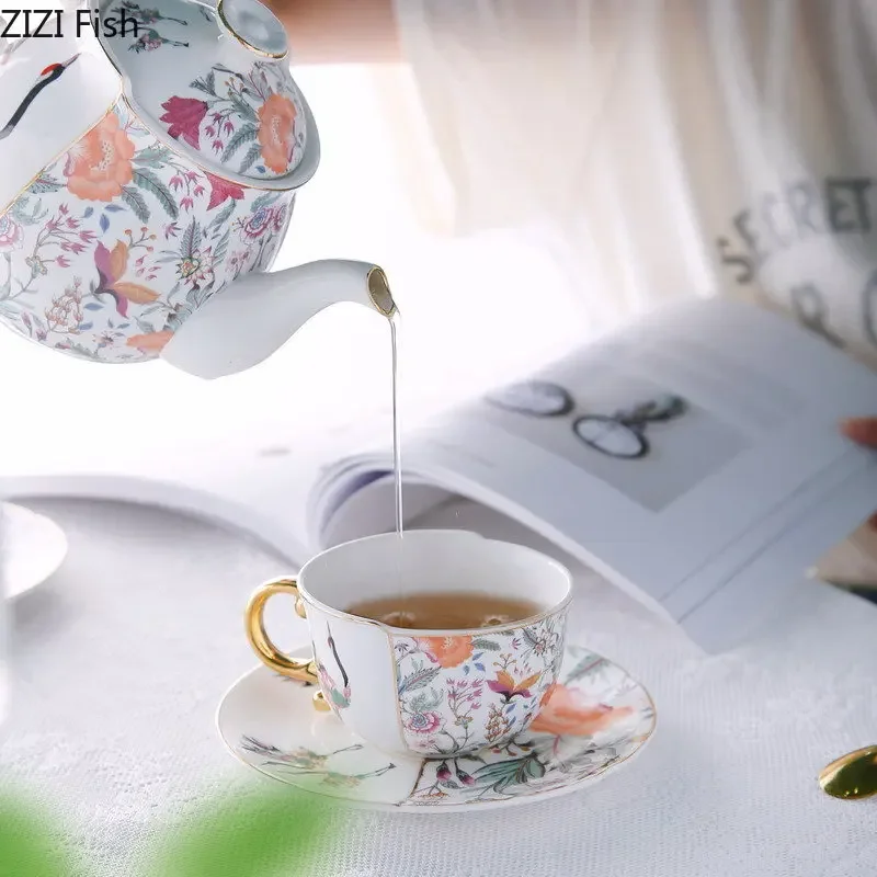 Fairy Crane Flower Pattern Ceramic Teapot Set Teacup saucer Painted Gold-plated Coffee Cup Afternoon Tea Milk Fruit Juice Mugs