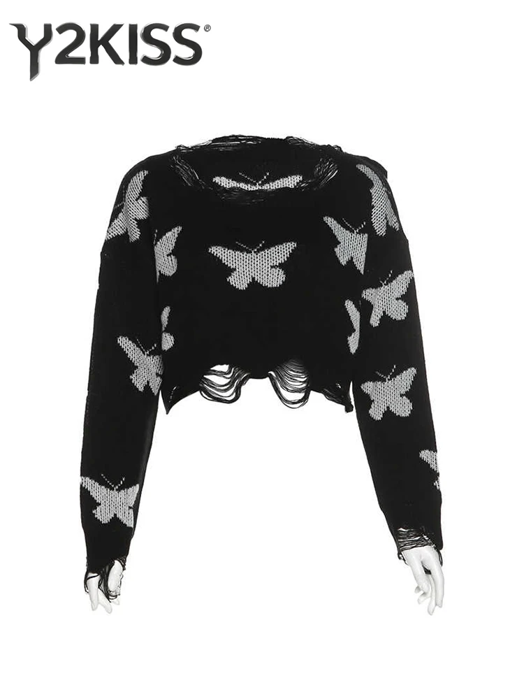 

Autumn Winter Women's Crop Sweater Dark Academia Pullovers Jumper Baddie Style Harajuku Hole Long Sleeve Cuddly Knitwear 2000s