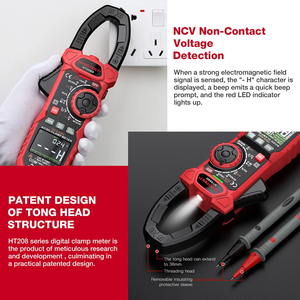 HT208D Digital Clamp Meter 1000A AC DC Current Two color Backlight True RMS Capacitance Temperature NCV Clamp Voltage Tester