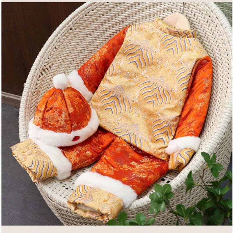 2025 Winter Baby Tangsuit 6-36M Children Kids Boys Girls First Birthday Customes Thicken Warm Tops+Pants With Hat 3 Pcs Outfits
