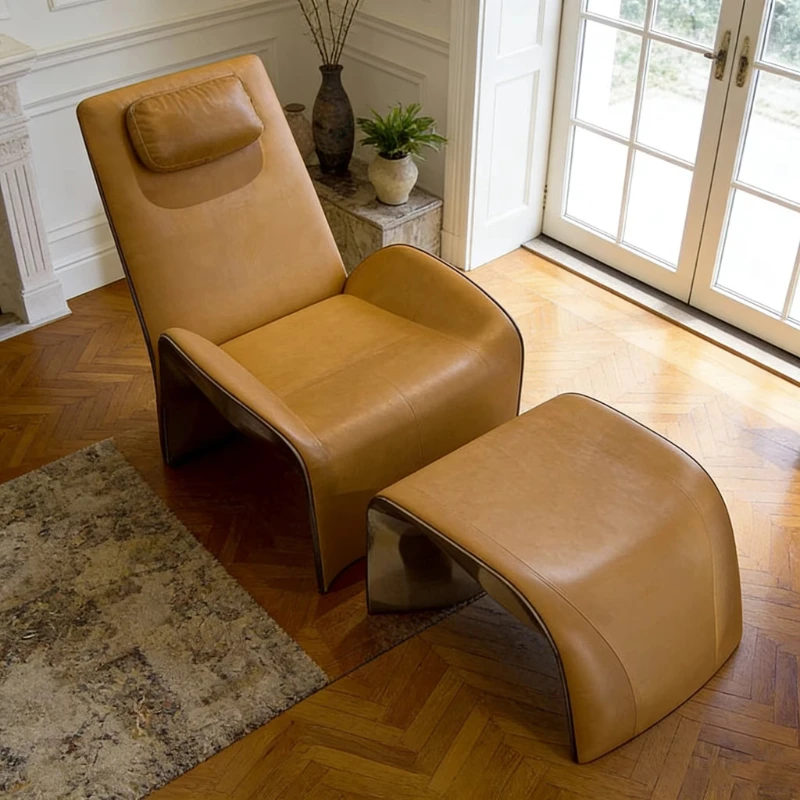 

Modern Italian minimalist single lounge chair with footrest and headrest