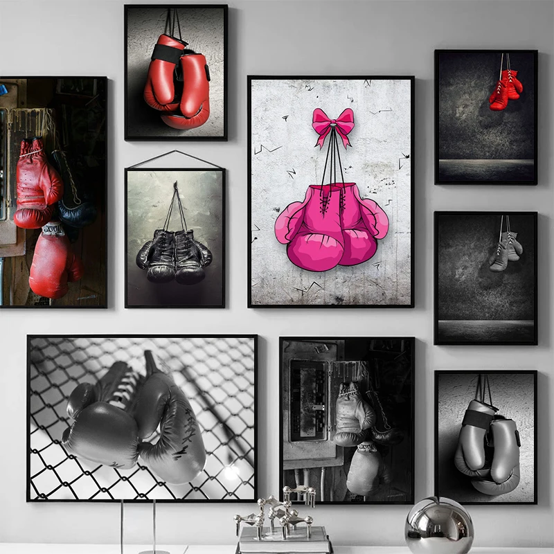 Boxing Gloves Posters Decorative Painting Black and White Canvas Prints Sport Wall Pictures for Gym Room Modern Home Decoration