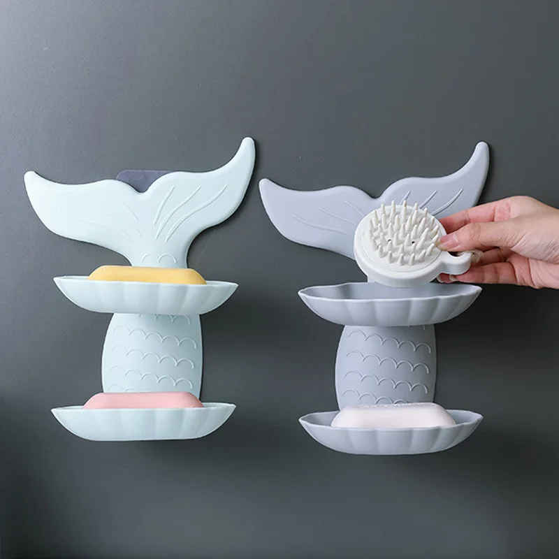 Bathroom Accessories Creative Mermaid Tail Double-layer Soap Box Wall Mounted Soap Box Bathroom Suction Cup Draining Shelf