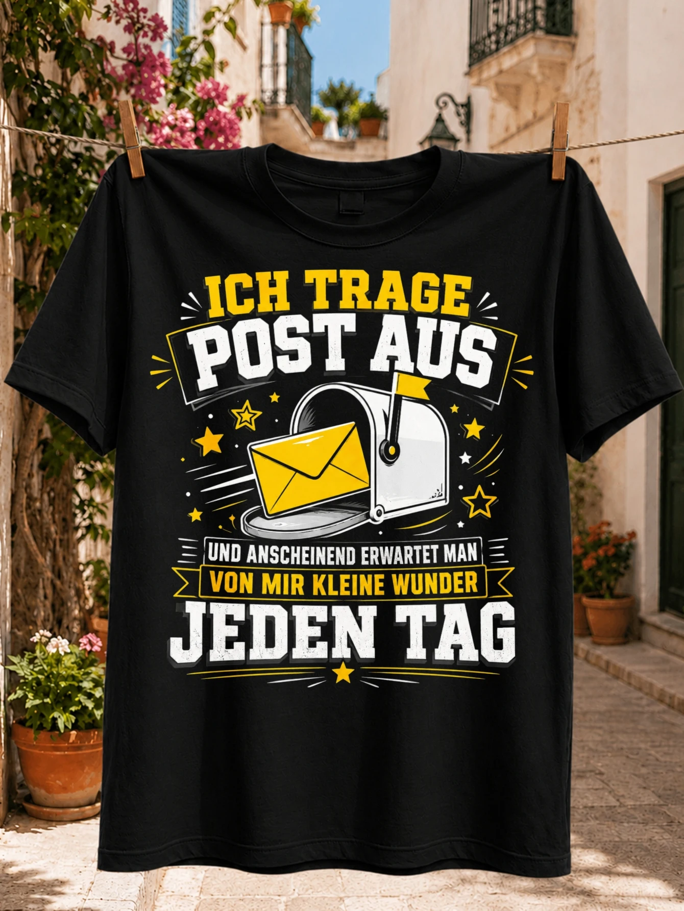 Humour des facteurs allemands avec des accents de courrier jaunes, des lettres en forme d'étoile et des petits miracles au quotidien T-shirt unisexe