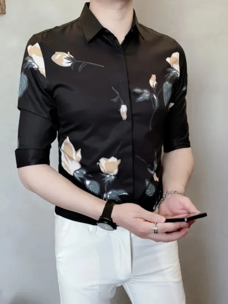 

Slim Fit Short Sleeve Men's Shirt Stylish Printed Casual Shirt Summer Fashionable Five-Quarter Sleeve Turn-Down Collar