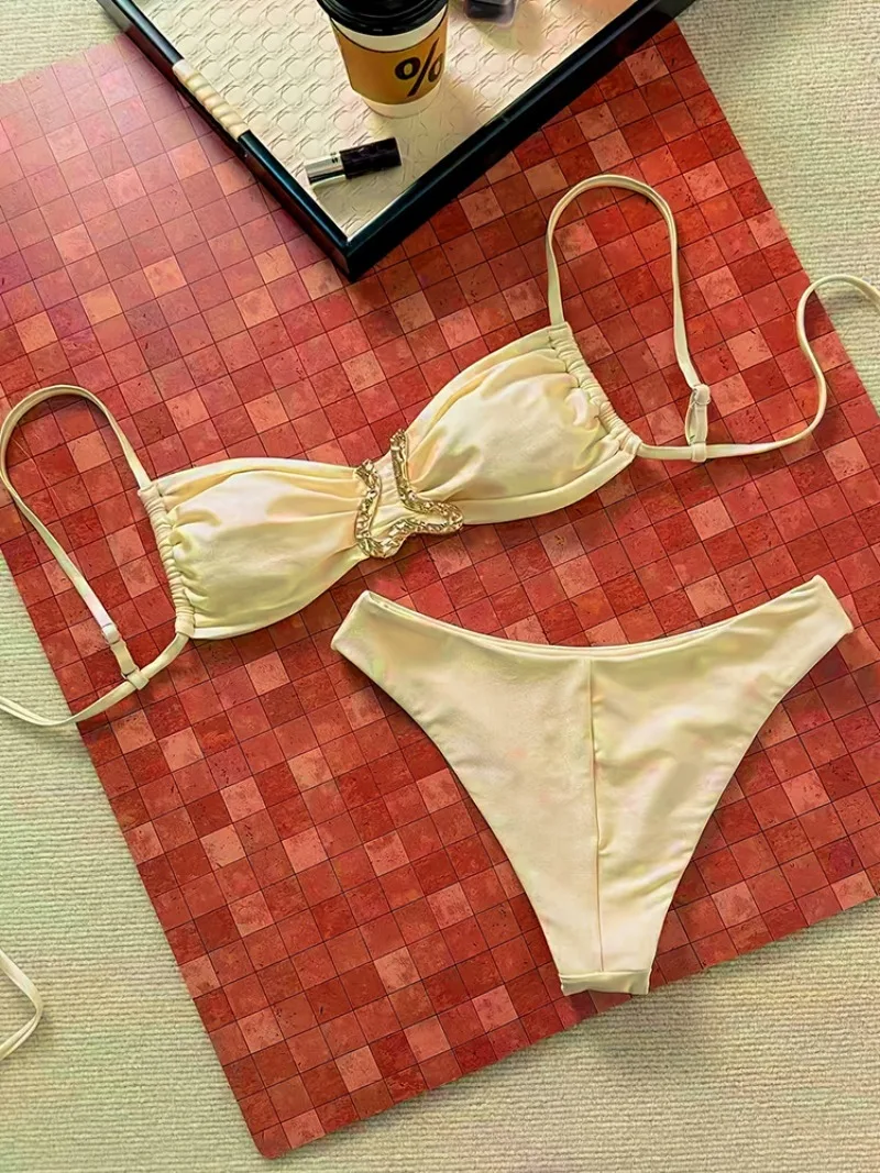 sexy yellow plain back tie bikinis sets two pieces thong high waist swimsuits bathing suit swimwear biquini tankini