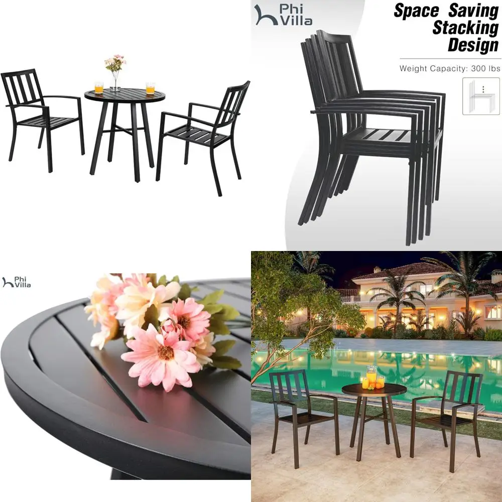 

3-Piece Outdoor Patio Bistro Set with Slatted Metal Table and 2 Chairs for Porch Dining