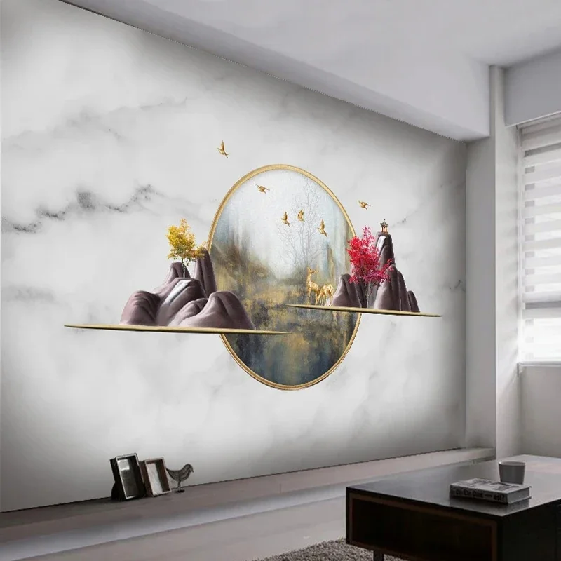 Custom Mural Wallpaper Chinese Style Abstract 3D Stereoscopic Mountain Elk Bird Background Living Room Painting Papel De Parede