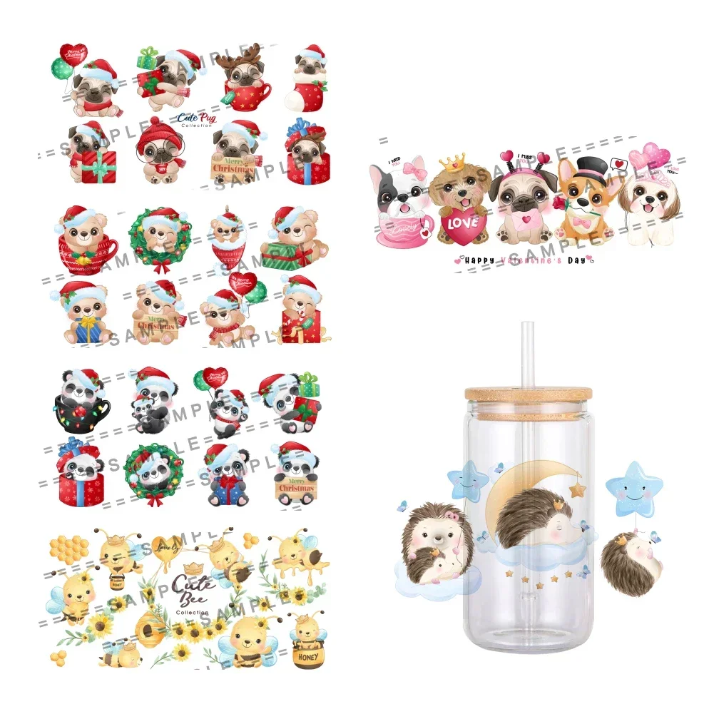 Cartoon Zoo Animals Cute Designs Xmas UV DTF Transfer Sticker Waterproof Transfers Decals For 16oz Glass Cup Wrap Stickers