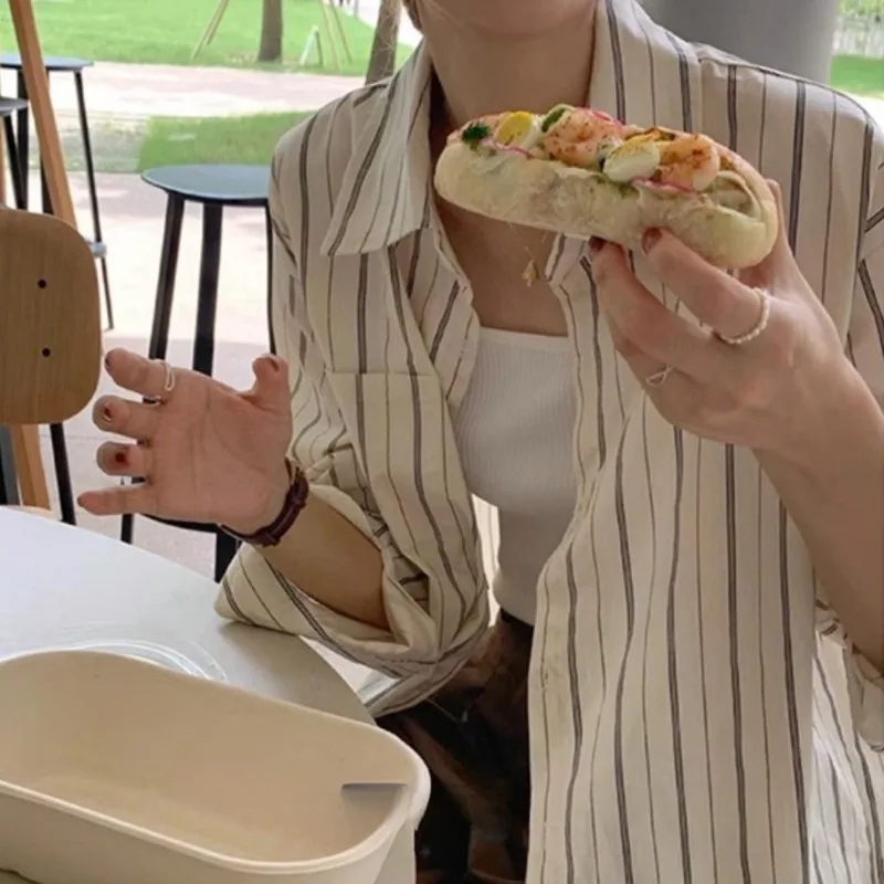 

Long Sleeve Shirts Women Striped Baggy Basic Daily Casual Retro Gentle Layering BF Soft Ulzzang Spring College Lazy Style Chic