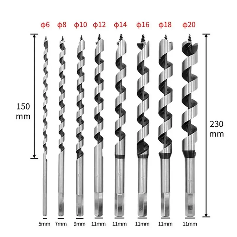 6Pcs/set 230mm Long 6/8/10/12/16/20mm Auger Drill Bits Wood Carpenter Masonry Wood Drills Set for Woodworking