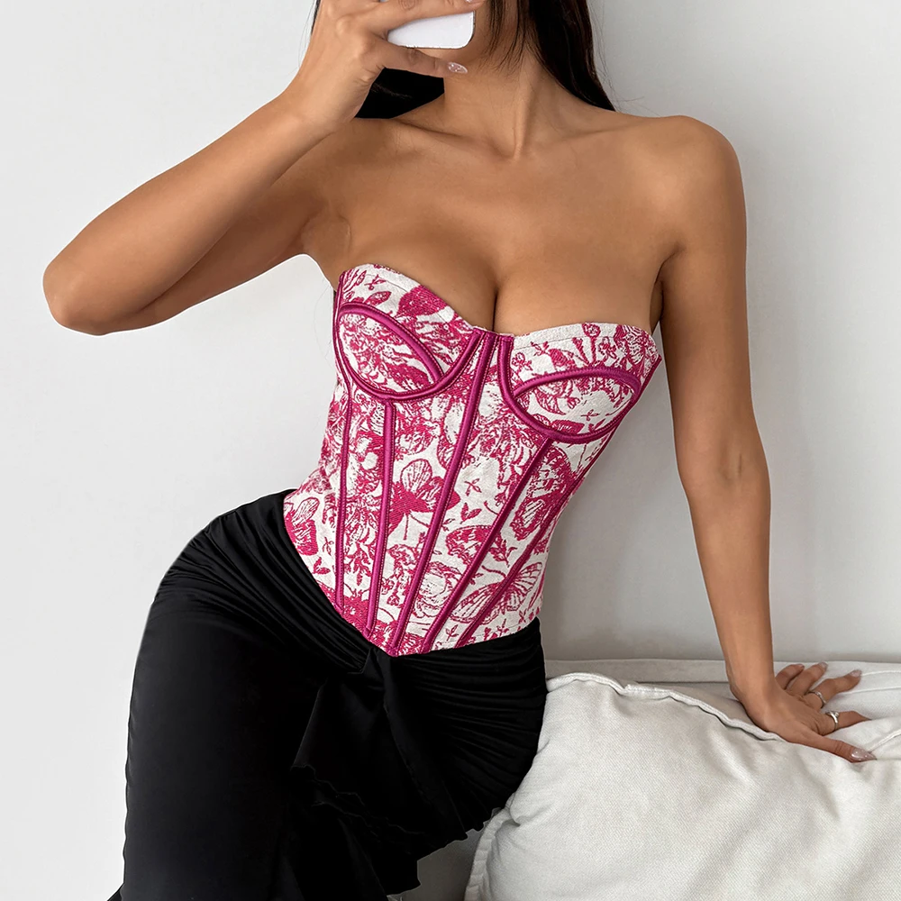 

French Retro Lingerie Tops Women Strapless Print Corset Shapewear Lace Up Sexy Top 2025 Backless Sensual Slim Camisole