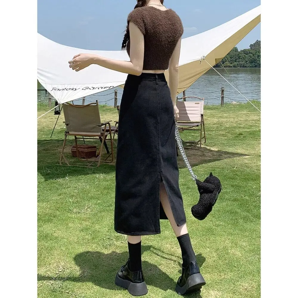 High Waist A-Line  Skirt for Women in Grey Denim One-Step Wrap Bodycon Skirt with Slit for Spring Autumn Casual Wear