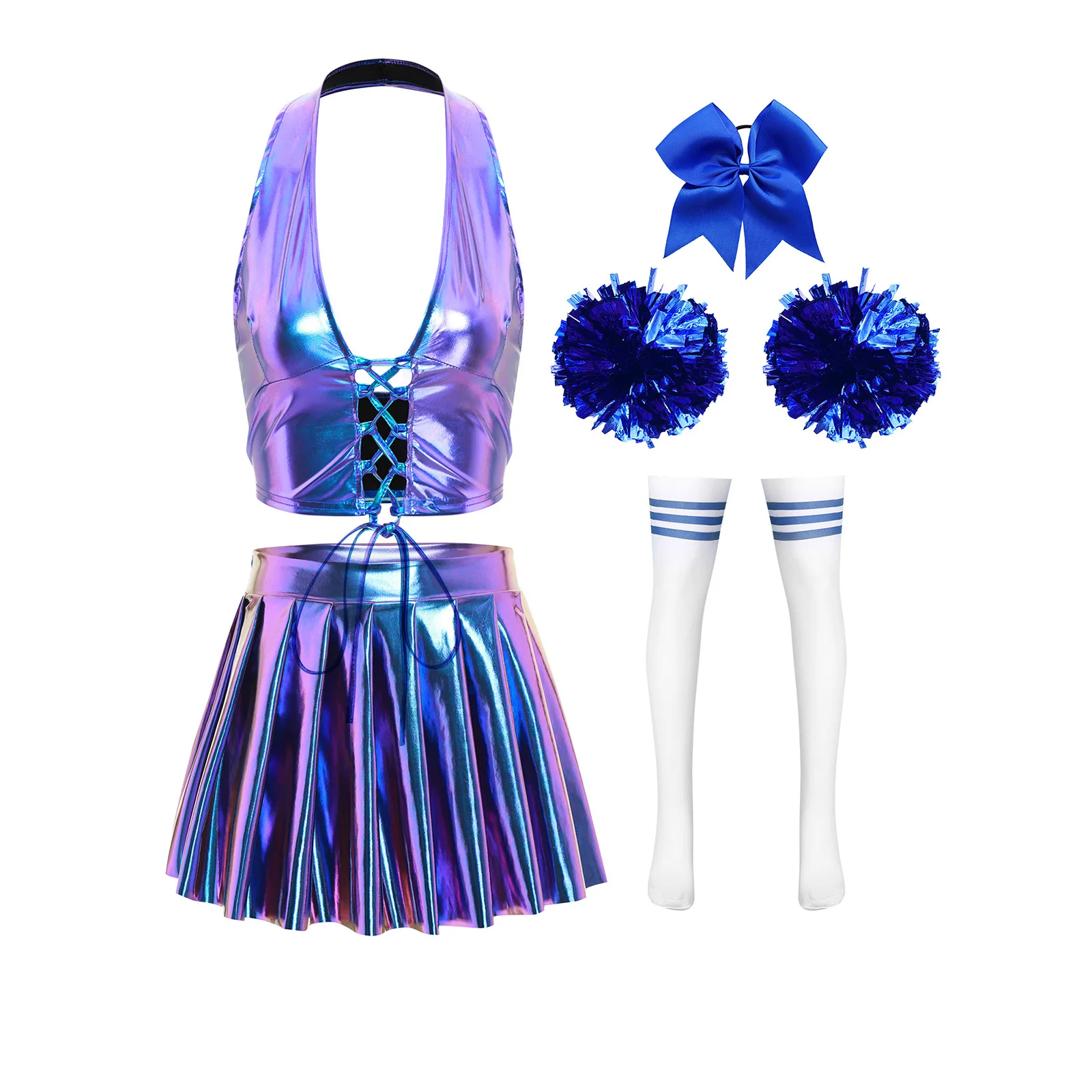 

Women Cheerleading Outfit Halter Crop Top Pleated Miniskirt Bowknot Hair Loop Flower Balls And Stockings Match Performance Wear