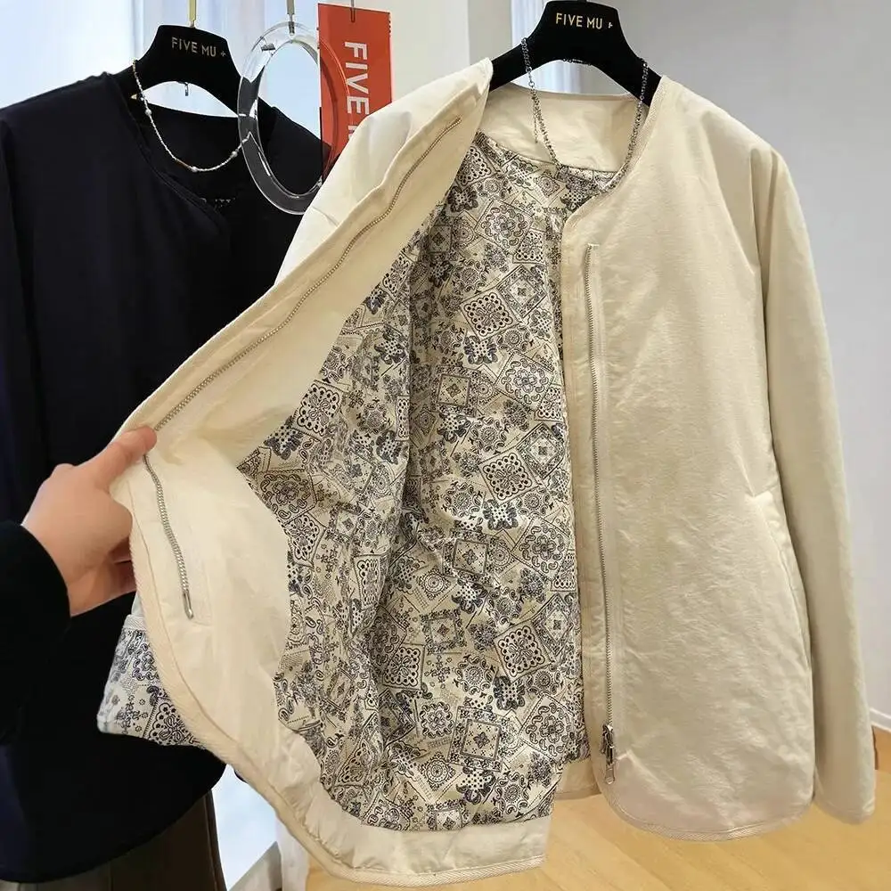 سترة نسائية كلاسيكية فريدة من نوعها برقبة دائرية وسحاب كسول معطف قطني فضفاض غير رسمي للخريف والشتاء بأكمام طويلة من الصين #3