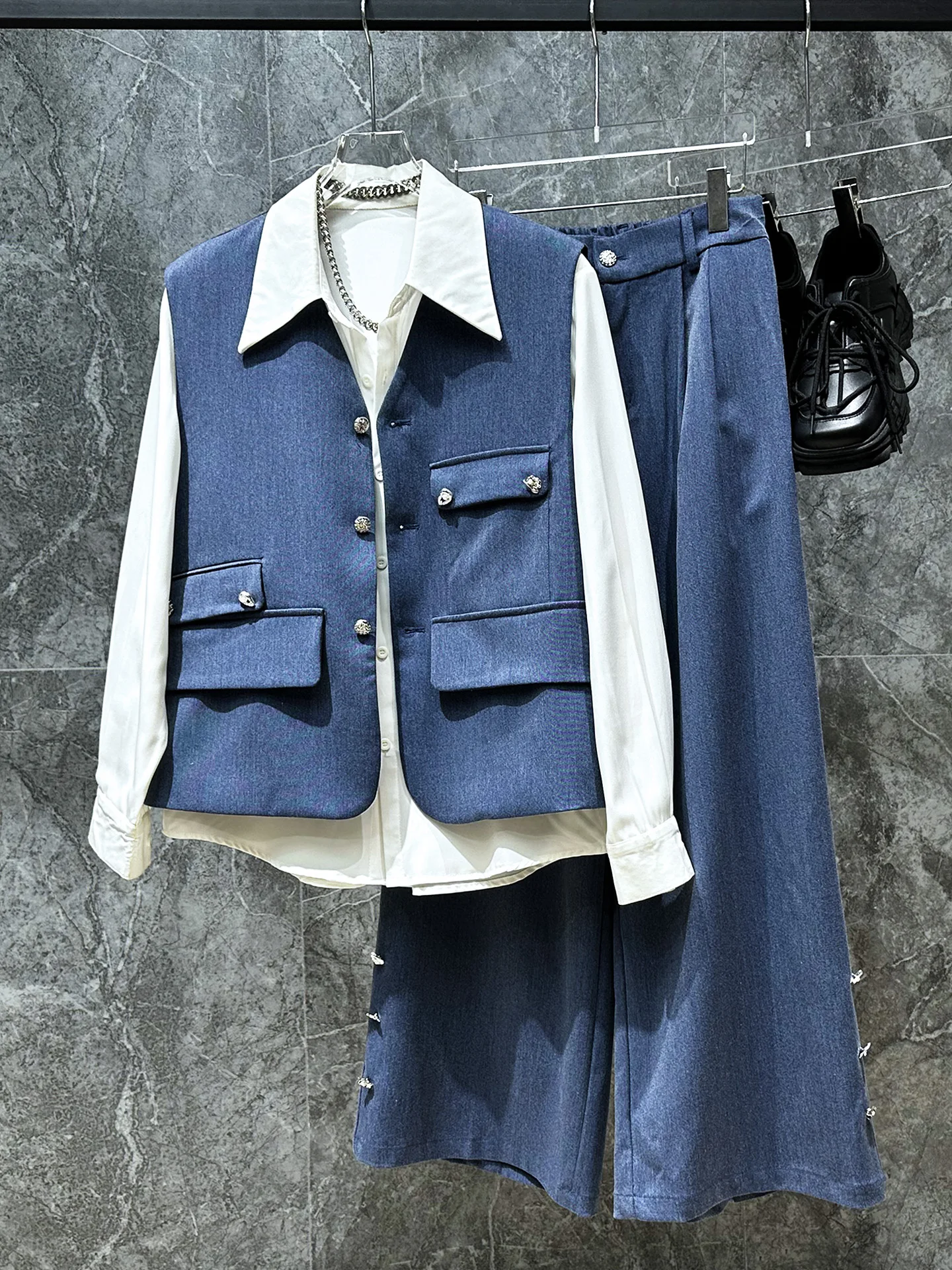 

Faionable Korean Sle Casual Wear Two-Piece Set Wide Leg Pants Vest Spring Autumn New Arrival Trendy Men's Ensemble