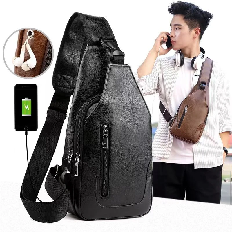 

Business Casual Men Chest Bag USB Port Multi-Pocket PU Stitched Luster Zipper Shoulder Bag for Commute Shopping Storage Bag SAC