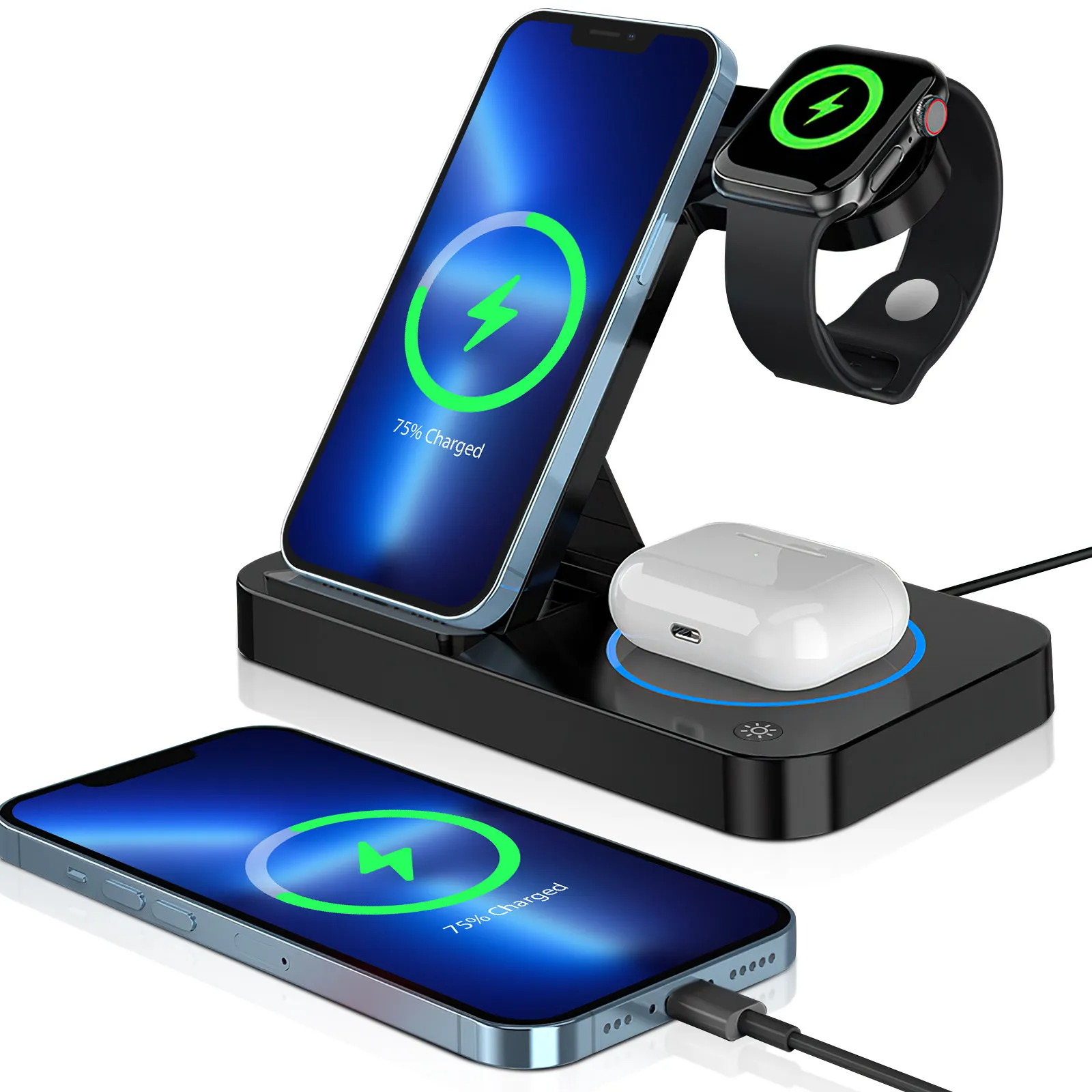 Wireless Charger 3-in-1 Foldable Charging Stand Strong ABS Zinc Alloy Multifunctional Dock Phone Watch Headset Charging Station