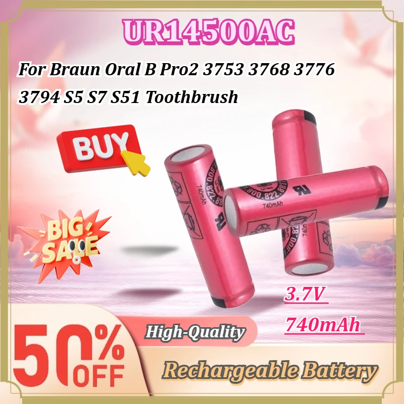 For Sanyo UR14500AC 3.7V 740mAh Flat Head Rechargeable Battery For Braun Oral B Pro2 3753 3768 3776 3794 S5 S7 S51 Toothbrush