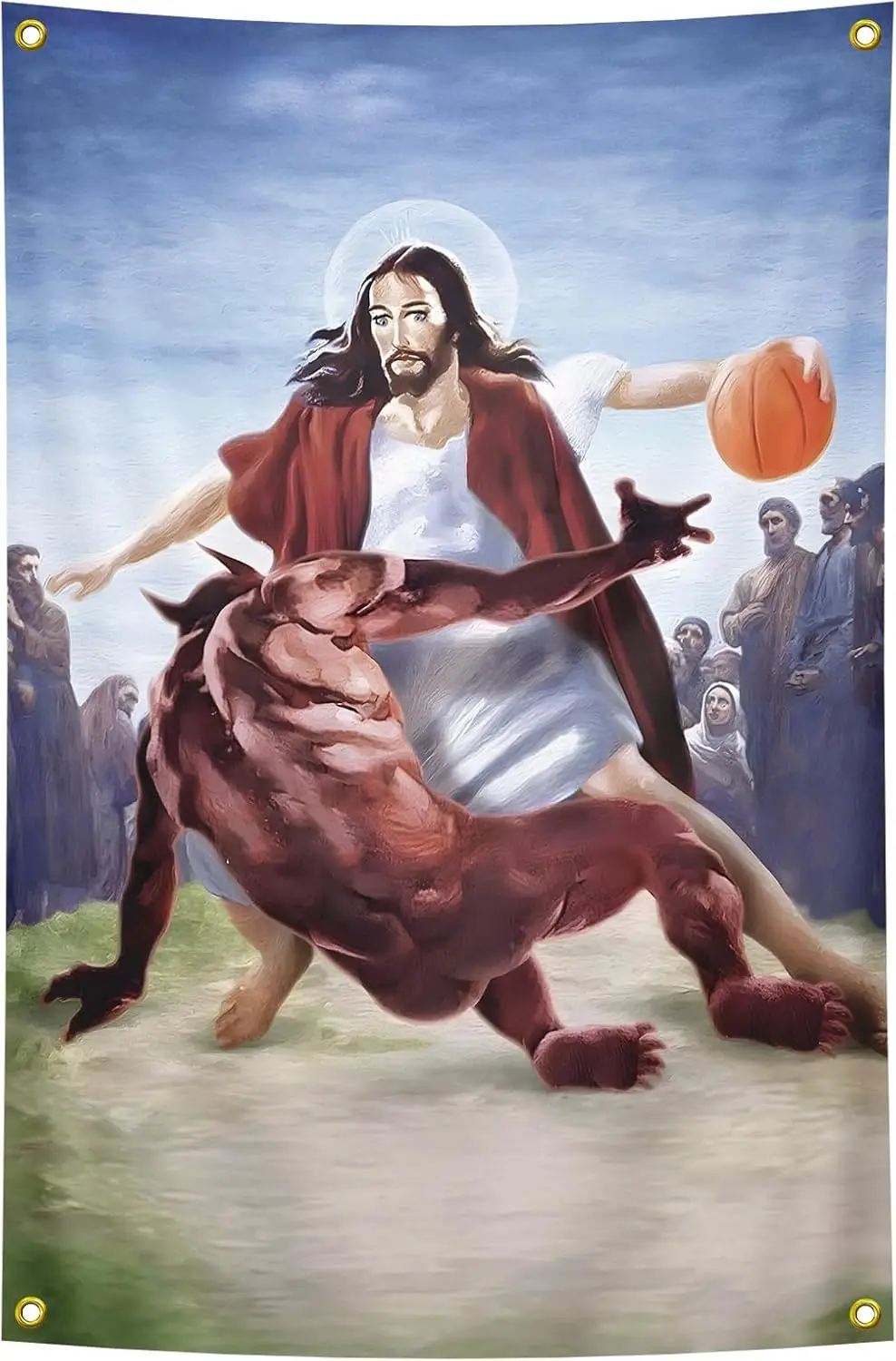 Jesus Crosses Up Satan Tapestry 2X3 FT Religious Wall Art | Funny Novelty Sports Decor Man Cave, Game Room, Dorm, Unique