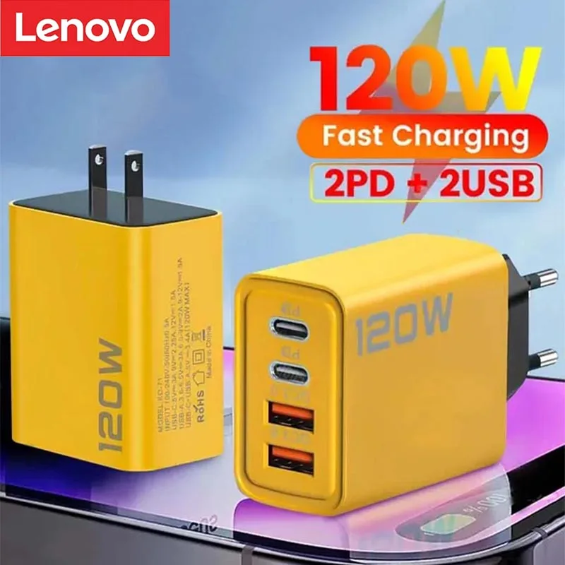 Lenovo 120W 4-Port USB-C Ladegerät – Schnelles Laden PD für Mobiltelefone, Quick Charge 3.0 Wandadapter für iPhone 17, Samsung, Huawei