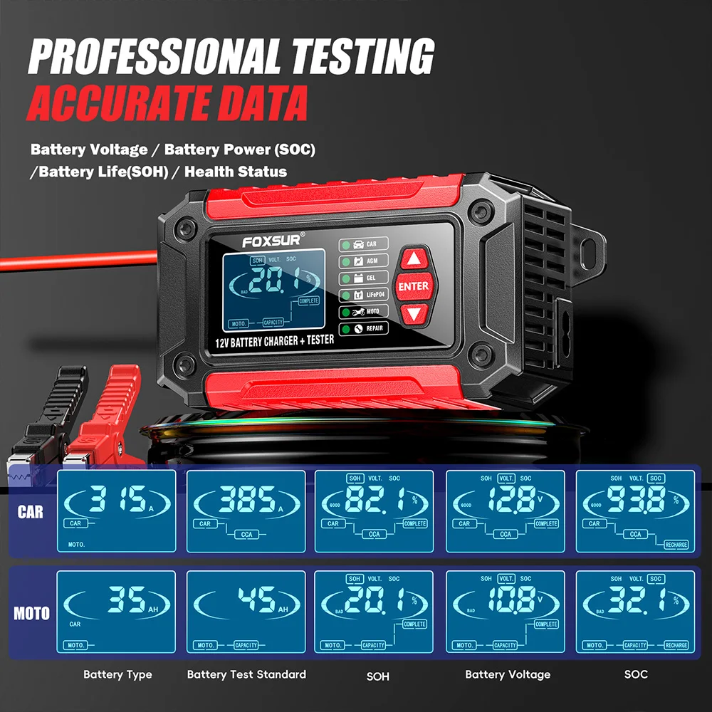 FOXSUR ładowarka samochodowa 12V 6A FTC-1206 motocykl samochodowy AGM LiFePO4 cyfrowy wyświetlacz LCD z akumulatory kwasowo-ołowiowe