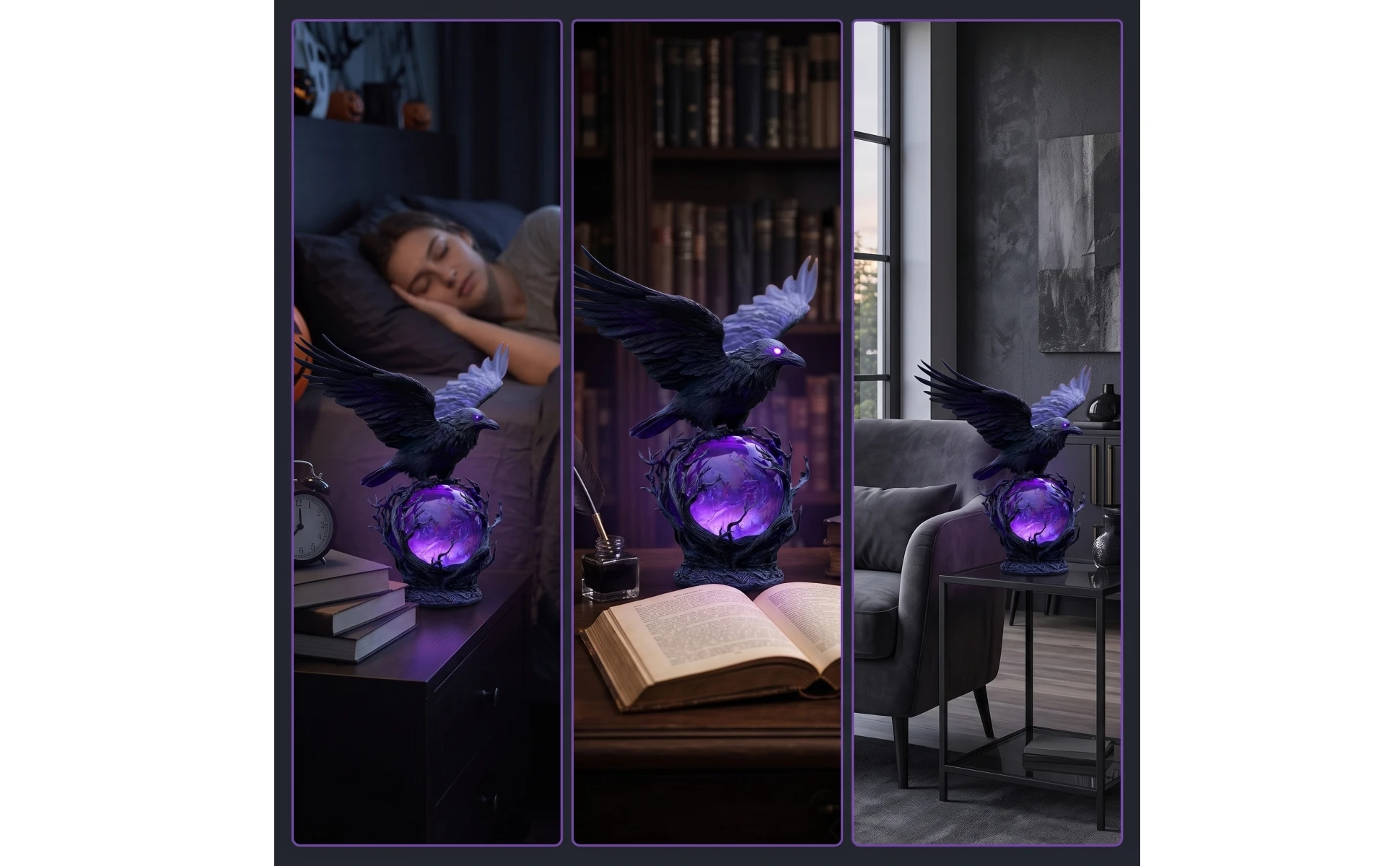 Crow Figurine with Light USB-Powered Crow Lamp Gothic Night Light LED Resin for Goths, Bedroom, Desk