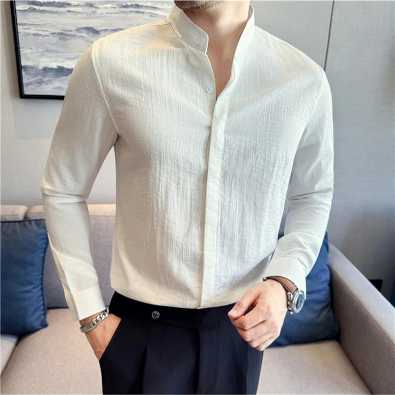 Autumn High-quality Stand Up Collar Shirt for Men Long Sleeve Casual Business Dress Shirts Fashion Office Social Men's Clothing