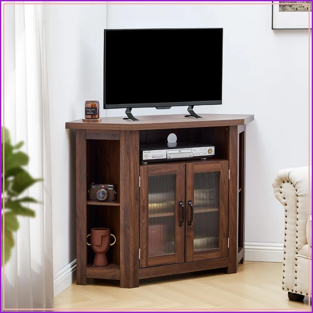 Corner TV Stand for TVs up to 48 Inch, Media Console with Storage Shelves and 2 Doors, Walnut