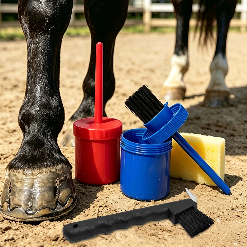 Equestrian Horse Hoof Care 3Pcs Maintenance Kit Hoof Pick Oil Brush Sponge Set Horse Hoof Cleaning Grooming Supplies for Daily