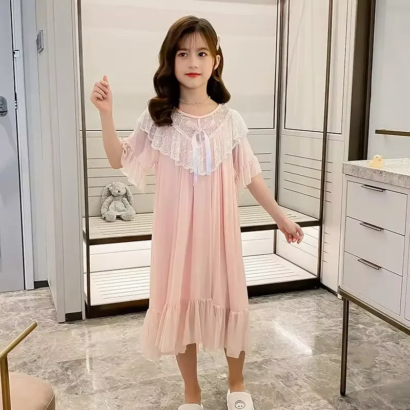 Summer Thin Lace Girls Nightgown Solid Color Mesh Children Home Clothes Long Nightdress Sweet Princess Style Baby Girl Nightgown