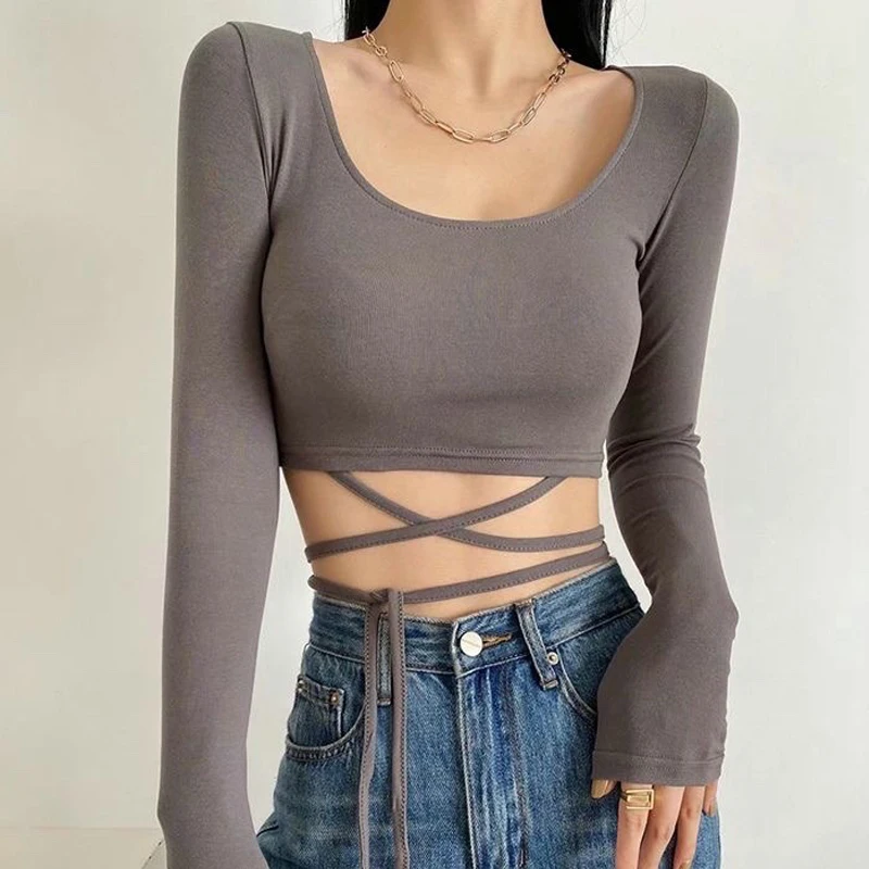 Spring Summer Hot Girls Show Waist Short Tops Waist Tie Rope Thin Belt Exposed Navel Long Sleeve Elastic T Streetwear Tops