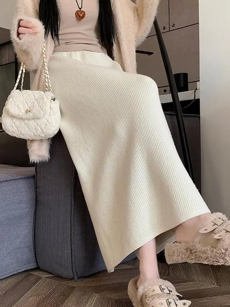 

Korean Fashion Solid Velvet Elegant High Waist Festival Long Skirt Autumn Winter Women Slim Straight Knitted Half Skirt 2024 New