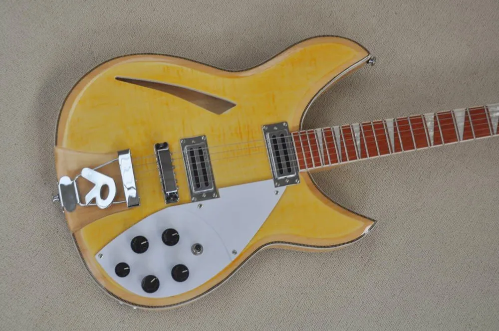 Yellow Body 6 strings Electric Bass Guitar with White Pickguard,Rosewood Fingerboard,Provide custom service