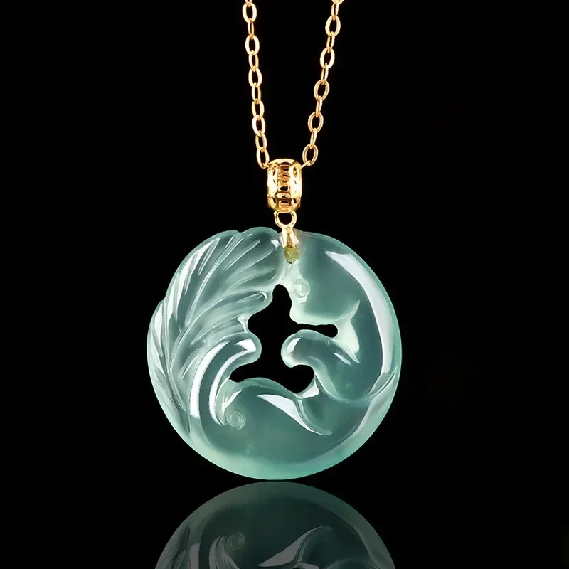 

Natural Burmese Blue Jadeite Nine-tailed Fox Jade Pendant 925 Silver Necklace Fashion Charm Jewelry Amulet Gift for Women Luxury