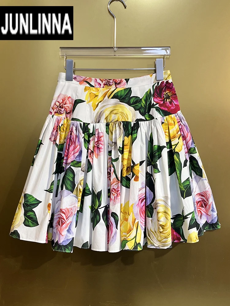 JUNLINNA Summer Women 100% Cotton Skirt Fashion Flower Printing Half Vestidos Beach Holiday Empire