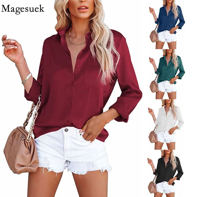 

Vintage Long Sleeve Silk Shirts Women Turn-down Collar Satin Elegant Blouses Button Up Shirt 2022 Spring Loose Green Tops 20374