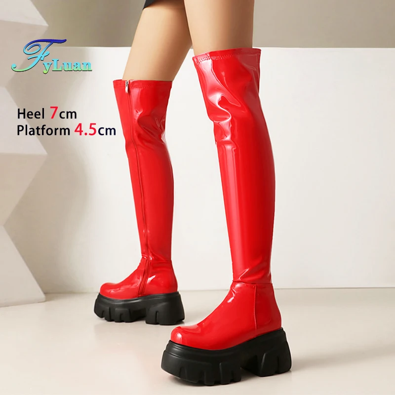 

Thick Sole Patent-leather Boots 7CM Heels Women Casual Over-the-Knee Boots Glossy Round Toe Non-Slip Platform Motorcyclist Shoes
