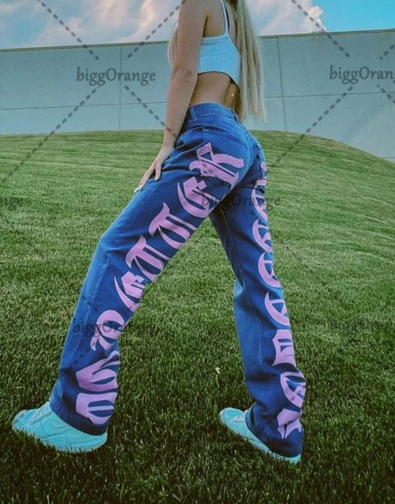 Y2K Baggy Jeans Women Retro Letters Printed High Waist Jeans Hip Hop Punk Straight Floor Mopping Denim Trousers Streetwear Hot